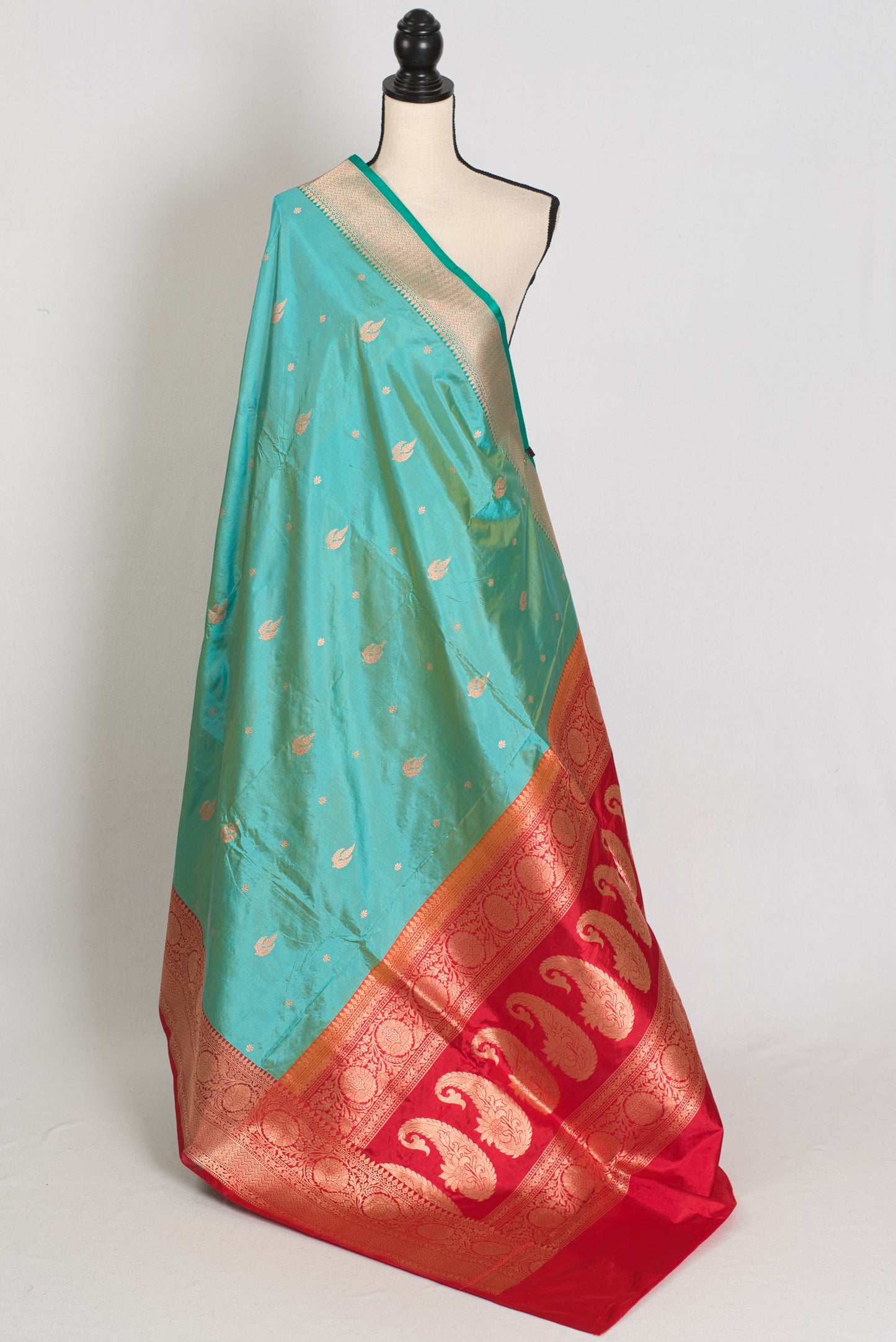 Nandini | Sea Green & Red Ganga Jamuna Border Banarasi Silk Saree image 1