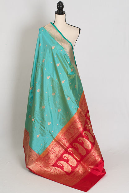 Nandini | Sea Green & Red Ganga Jamuna Border Banarasi Silk Saree image 1