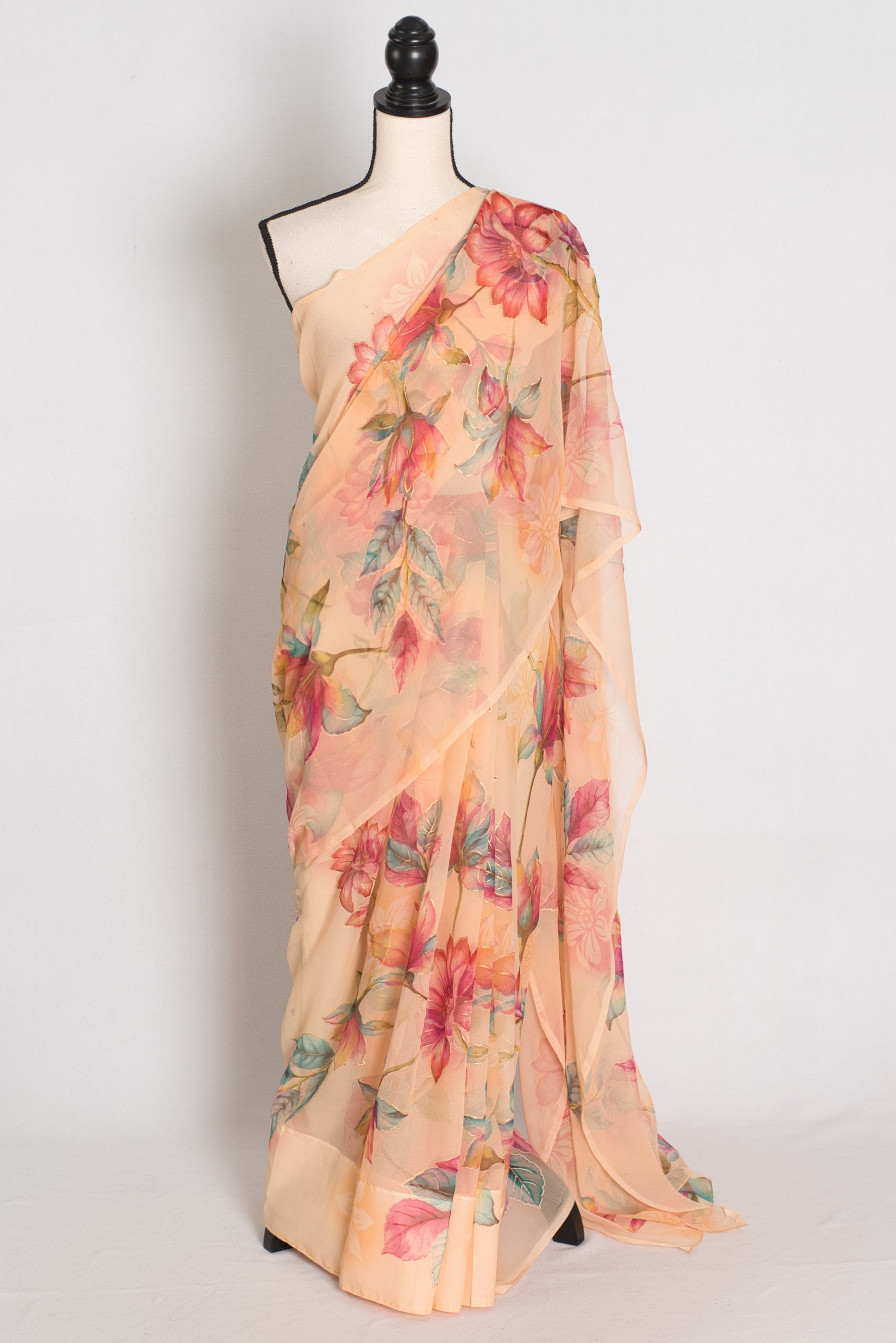 Diya : Soft Peach Floral Printed Chiffon Saree - Budget-Friendly Summer Drape image 0