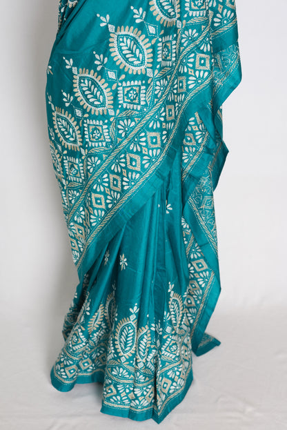 Mahua : Green Pure Silk Hand-Embroidered Kantha Stitch Saree | Silk Mark image 6