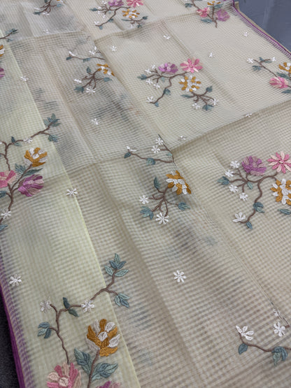 Srija | Yellow Floral Embroidery Blended Cotton Kota Saree image 3