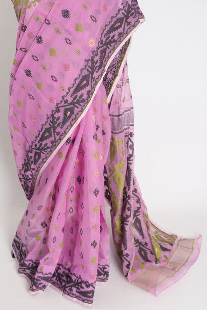 Hema : Purple Blended Soft Cotton Jamdani Bengali Saree with Ganga Jamuna Border image 5