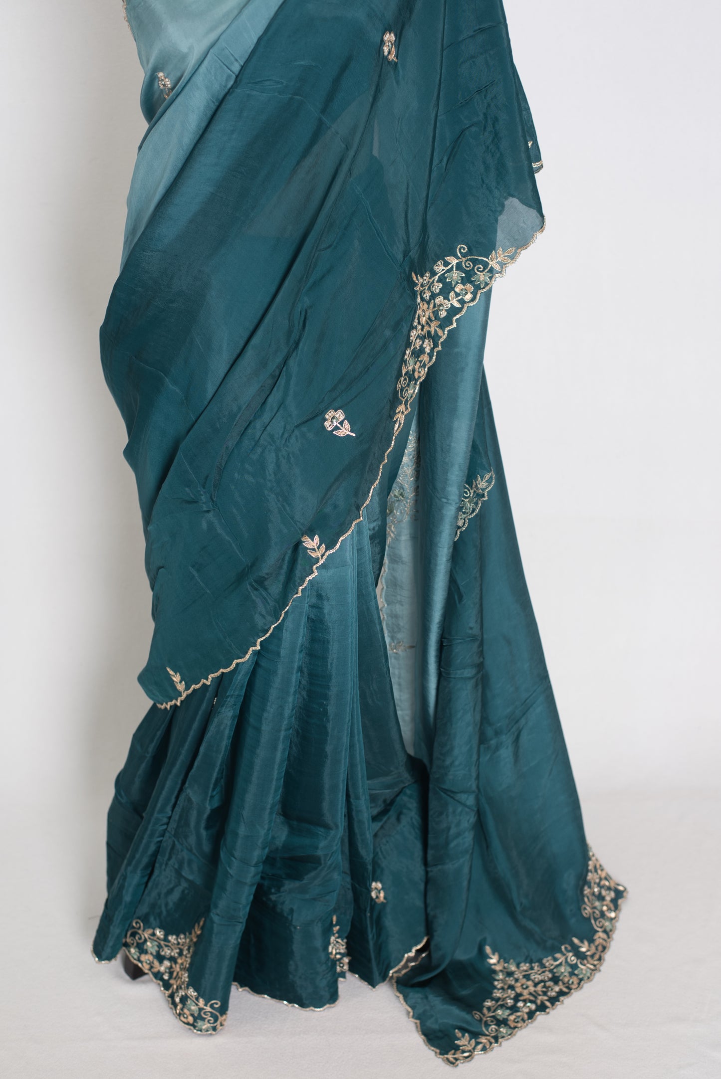 Nadia | Teal Green Shaded Soft Organza Saree | Zardosi Hand Embroidery image 6