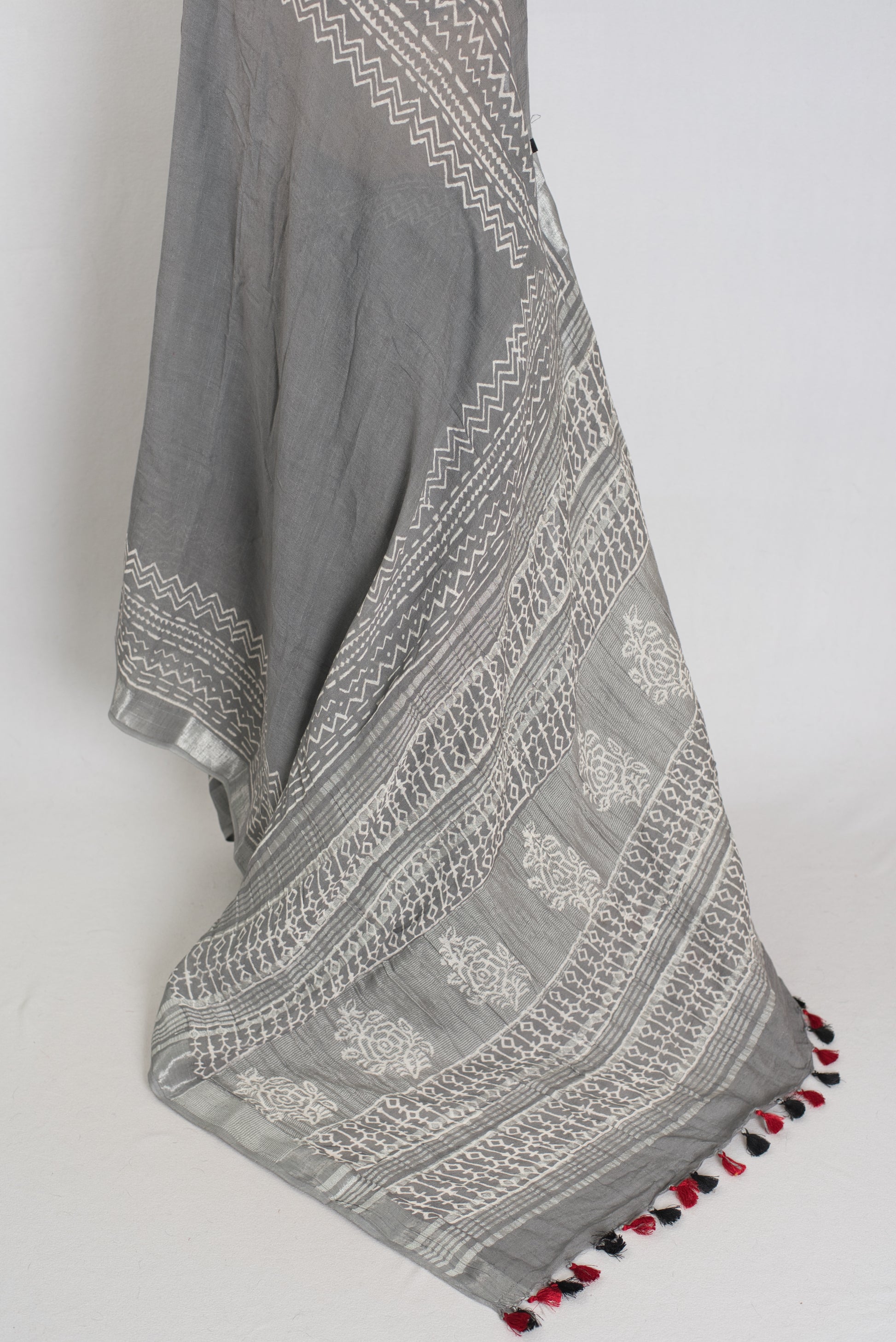 Snigdha: Grey and Silver Hand Block Printed Saree | Soft Linen Cotton image 3
