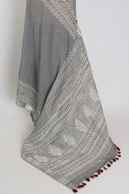 Snigdha: Grey and Silver Hand Block Printed Saree | Soft Linen Cotton image 3