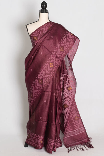 Ila : Burgundy Bengal Tussar Jamdani Silk Saree | Silk Mark Certified image 0