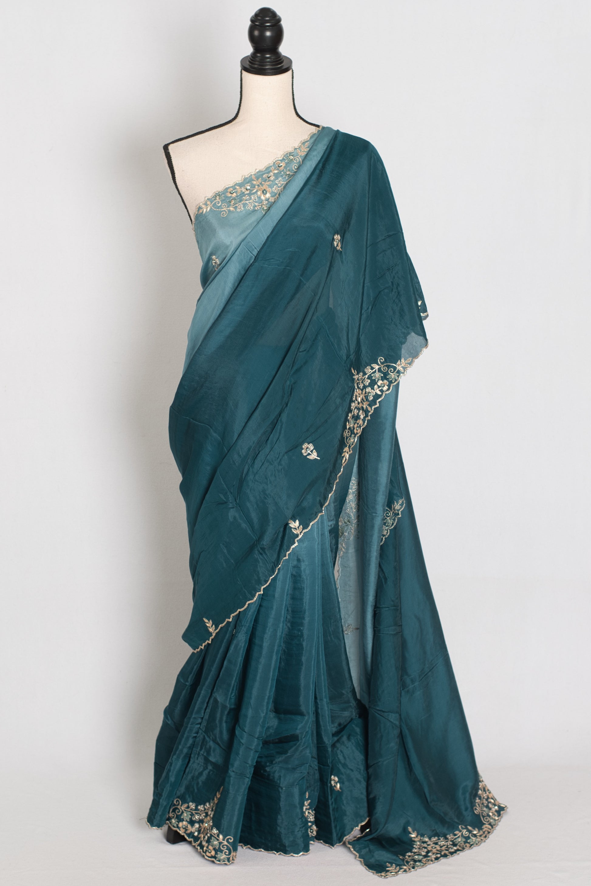 Nadia | Teal Green Shaded Soft Organza Saree | Zardosi Hand Embroidery image 0