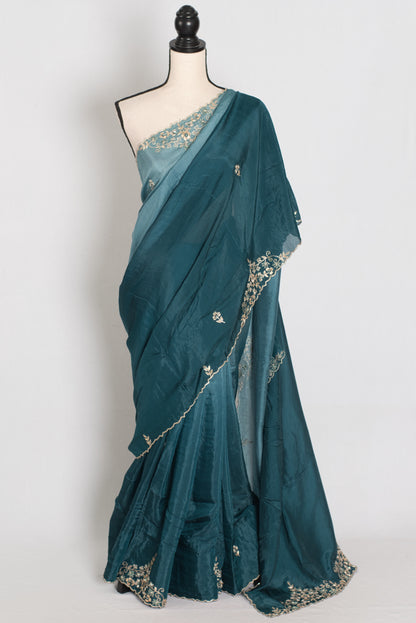 Nadia | Teal Green Shaded Soft Organza Saree | Zardosi Hand Embroidery image 0