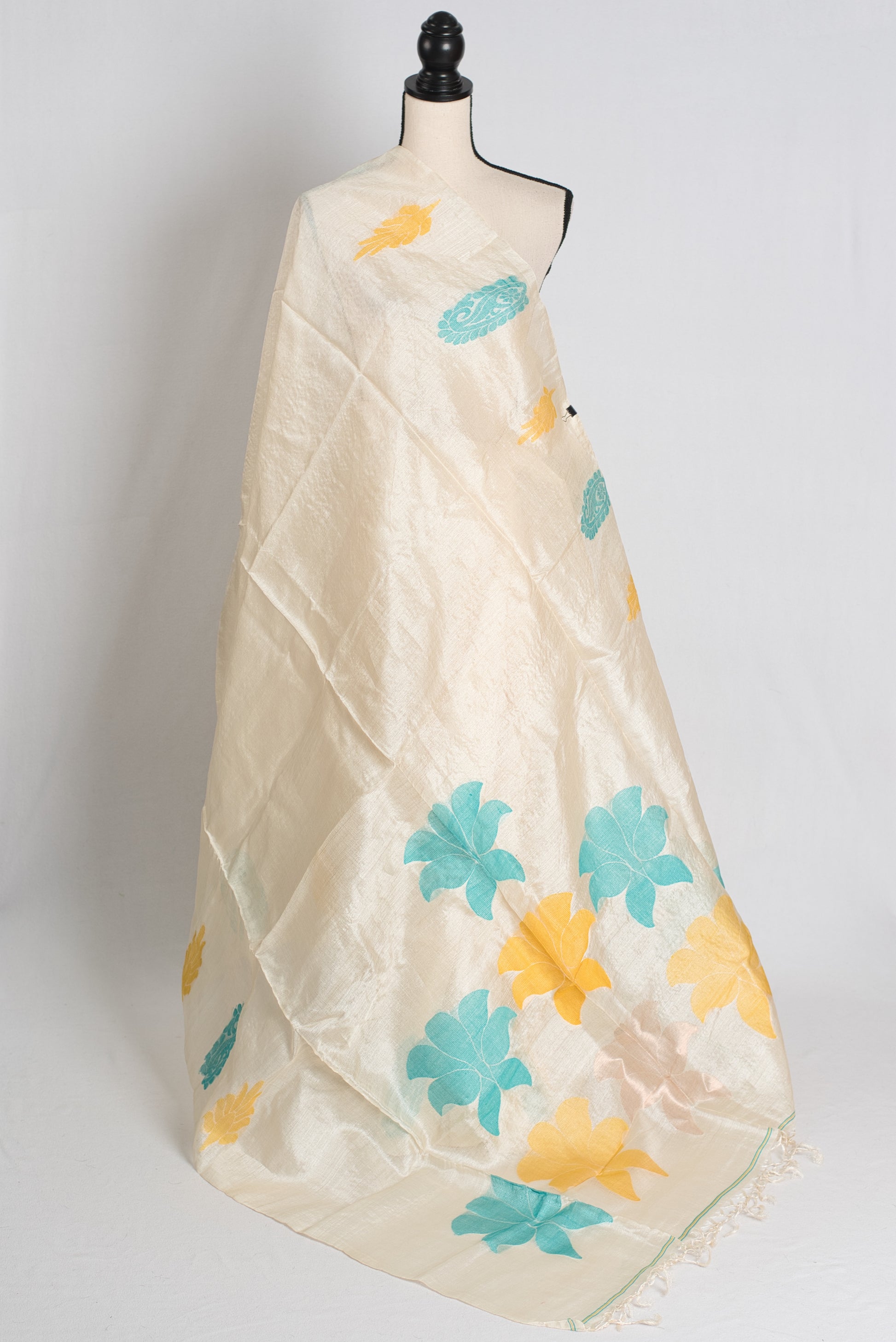Laboni : Handwoven Bengal Tussar Saree in Cream, Yellow and Blue image 1