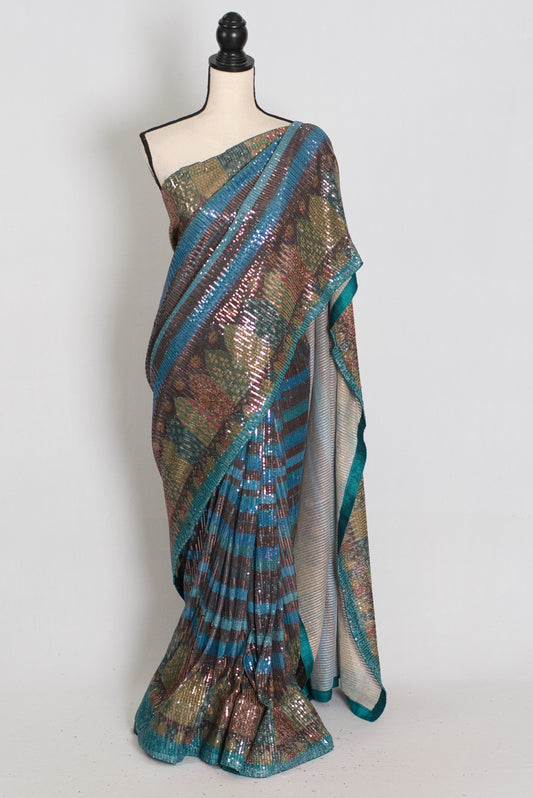 Eva | Metallic Blue & Multi-Tone Sequin Saree | Perfect Cocktail Wear image 0