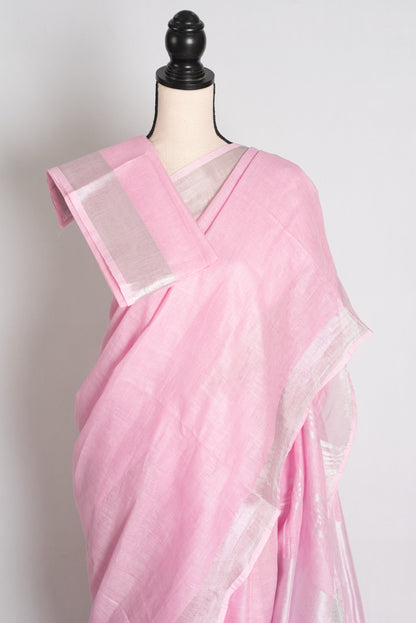 Girija : Baby Pink Pure Linen Saree with Silver Zari Border image 2