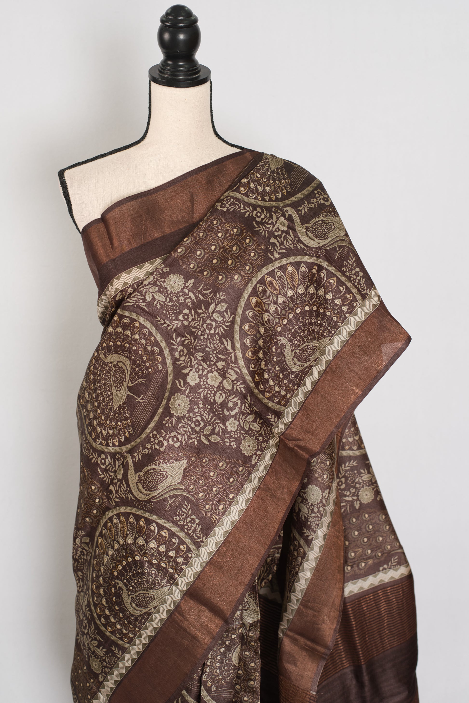 Kala | Earthy Brown Pure Tussar Silk Saree | Heritage Kalamkari Art Prints image 6
