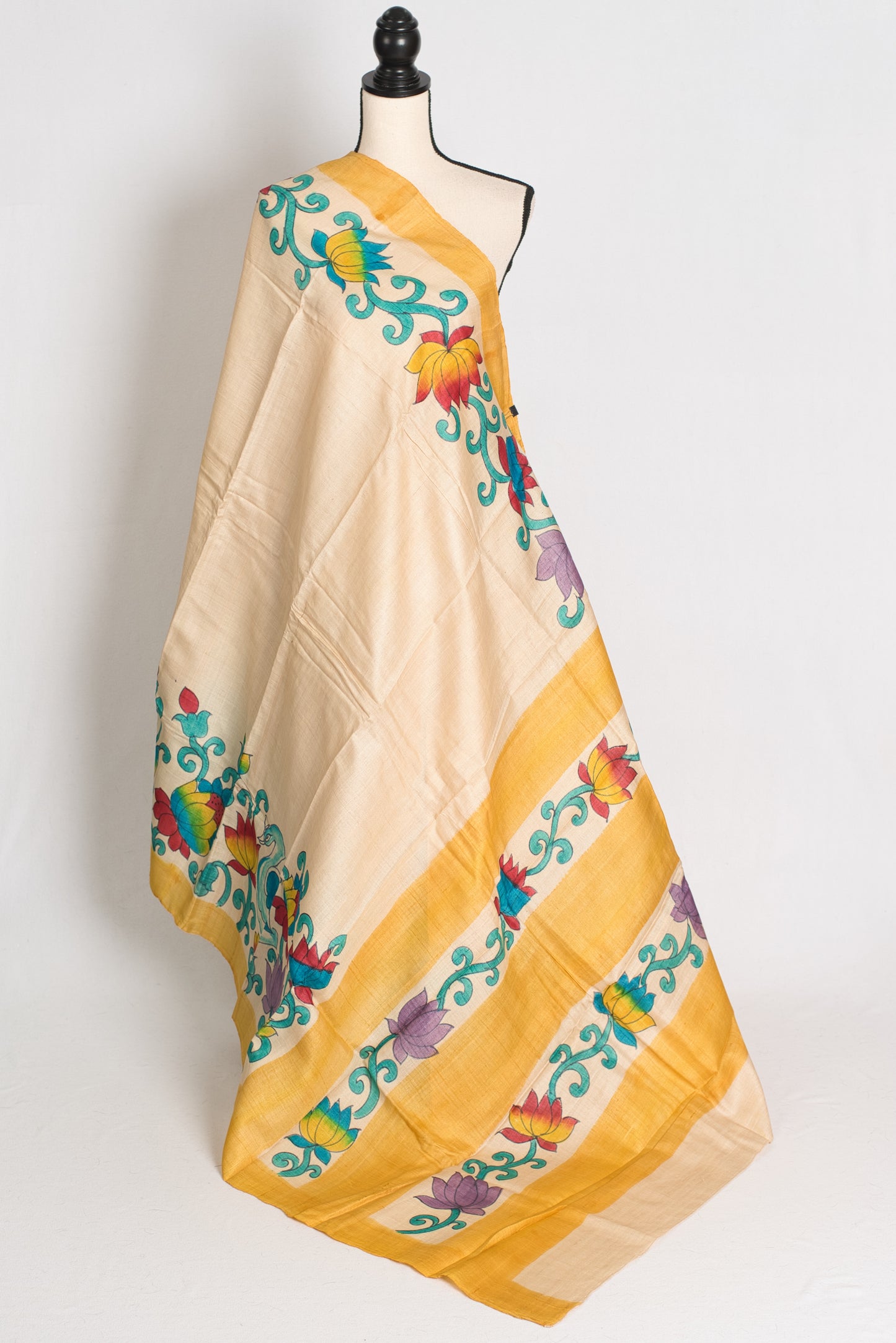 Kala : Hand Painted Kalamkari Tussar Silk Saree in Cream and Yellow image 1