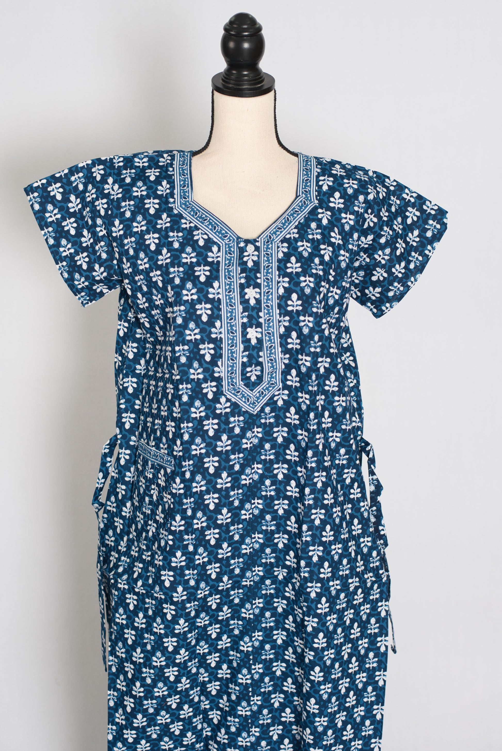 Indigo Blue Floral Sprig Block Print Pure Cotton Indian Nightgown image 0
