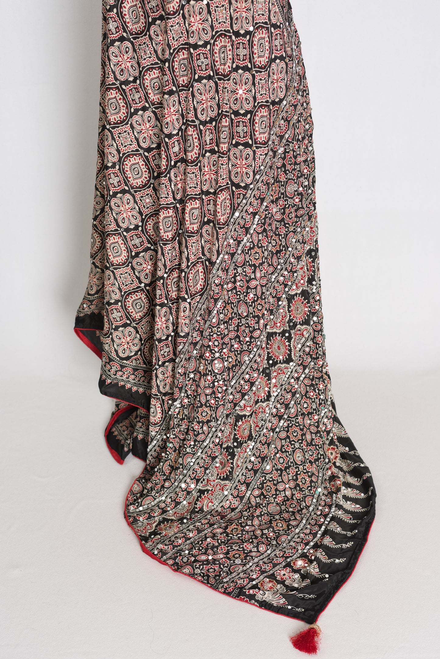 Trisha : Black and Red Semi Modal Silk Ajrakh Saree with Hand-Pasted Mirrors image 4