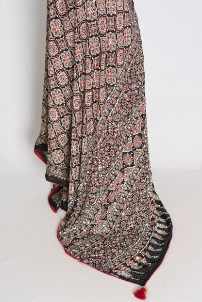 Trisha : Black and Red Semi Modal Silk Ajrakh Saree with Hand-Pasted Mirrors image 4