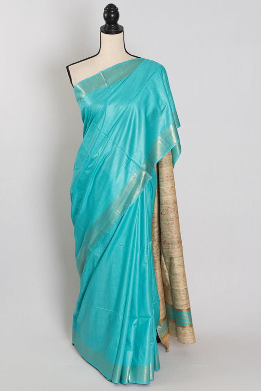 Enakshi : Sky Blue Staple Tussar Saree | Hand-Painted Madhubani Pallu image 0
