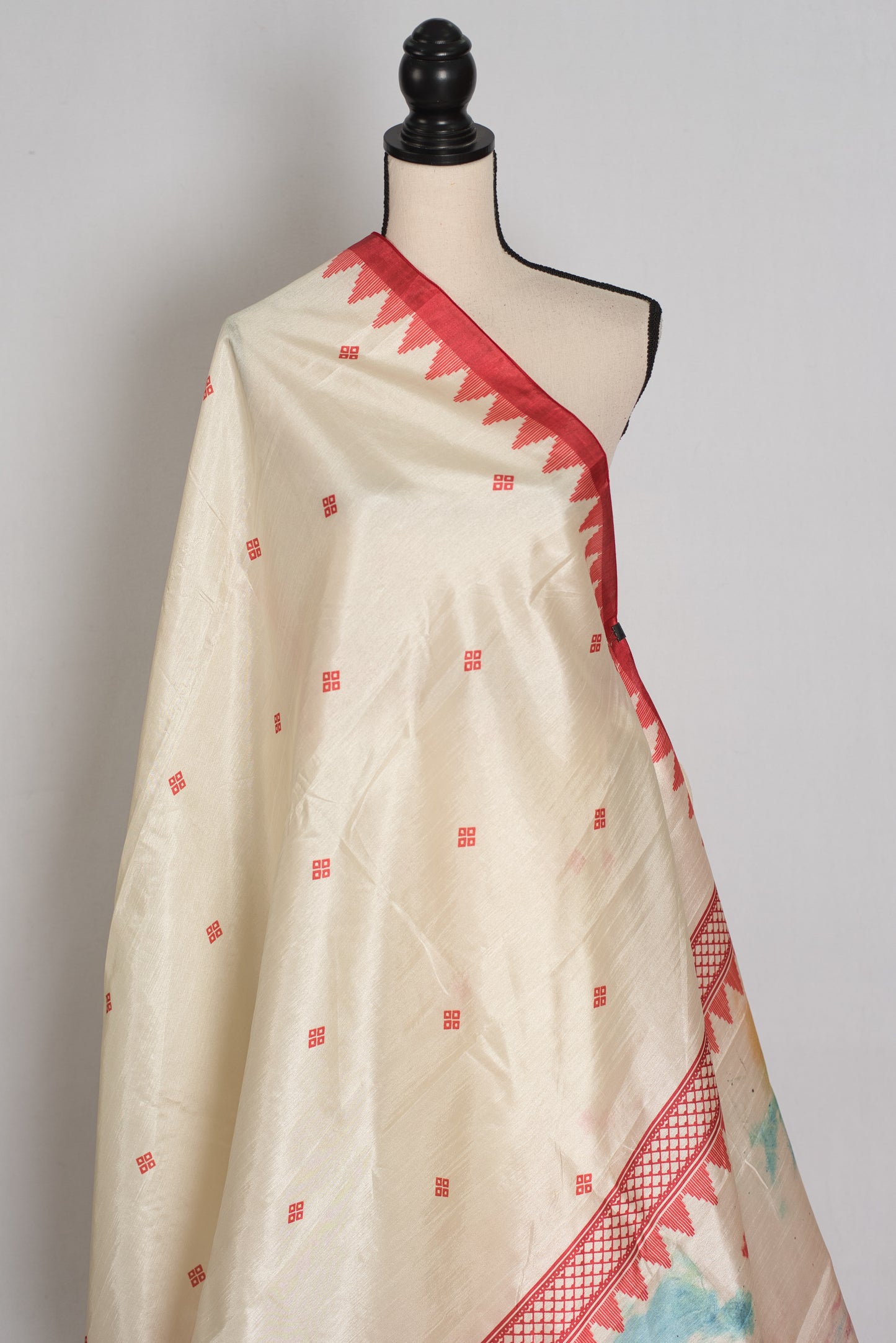 Gauri: Traditional Cream and Red Semi Silk Durga Puja Saree with Durga Pallu image 4