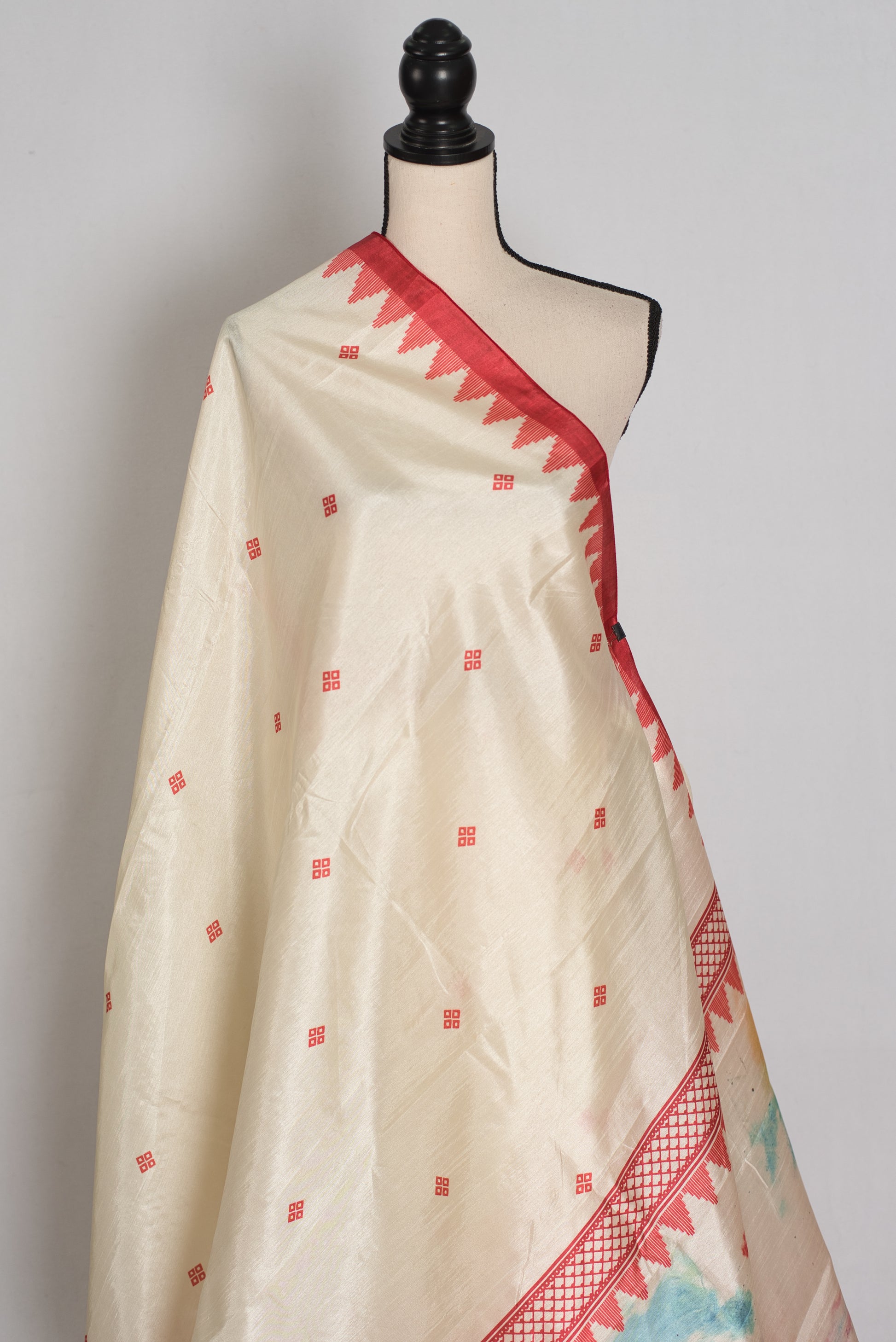 Gauri: Traditional Cream and Red Semi Silk Durga Puja Saree with Durga Pallu image 4