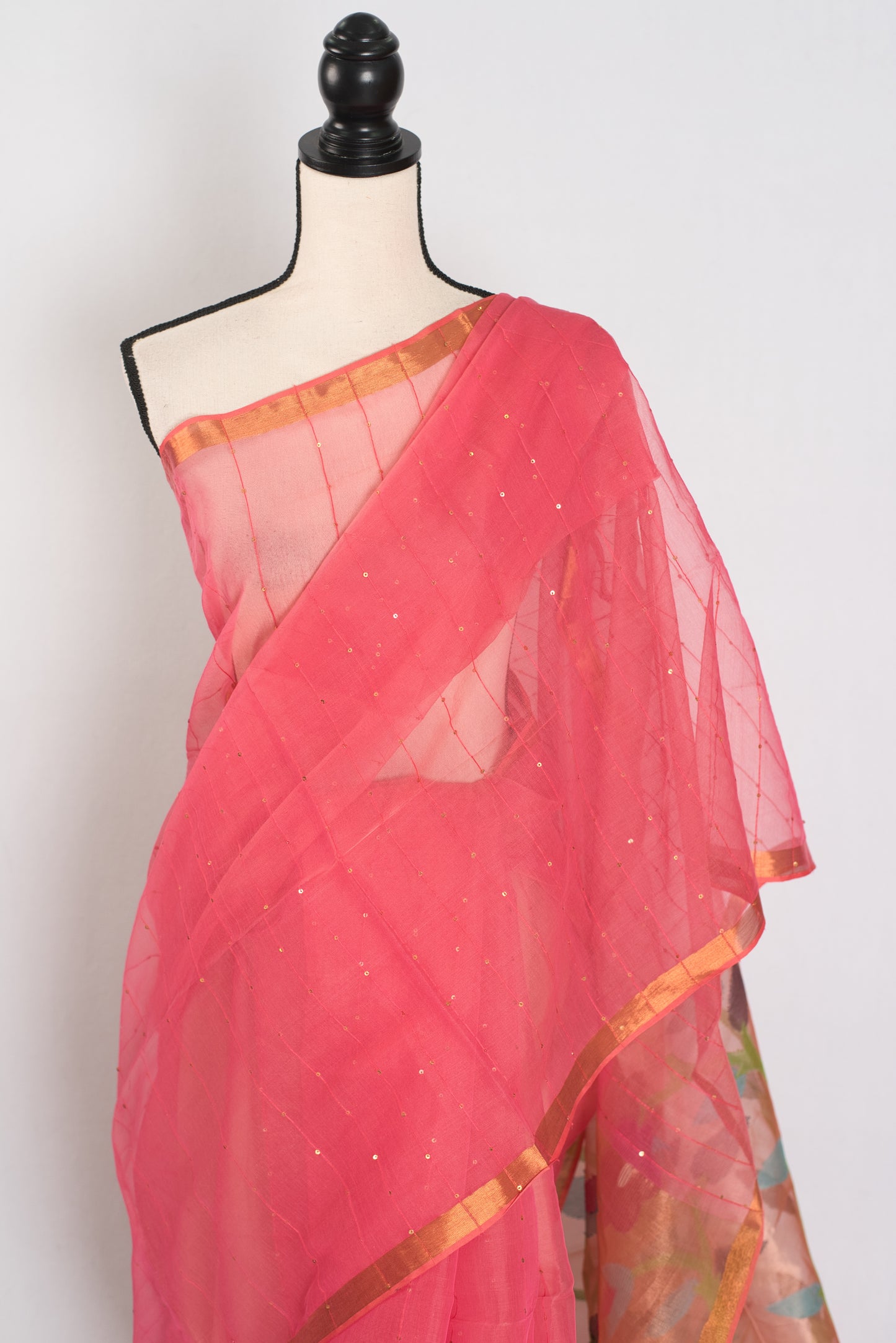 Kusum: Coral Pink & Gold Muslin Cotton Jamdani Saree | Sequin Weaving image 5