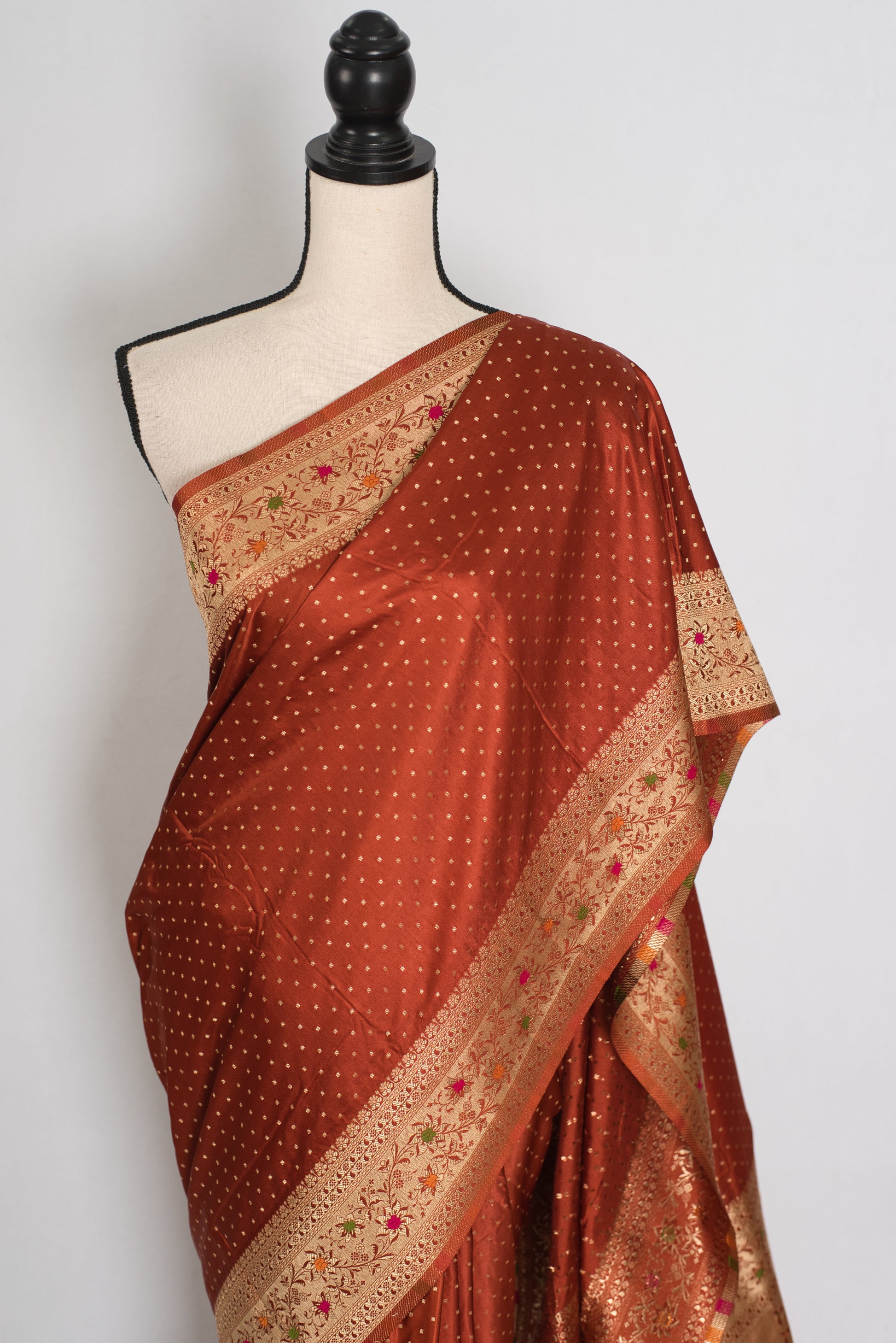 Nina | Rust Orange Semi Mashru Banarasi Saree | Pre-Stitched Size 40 Blouse image 7