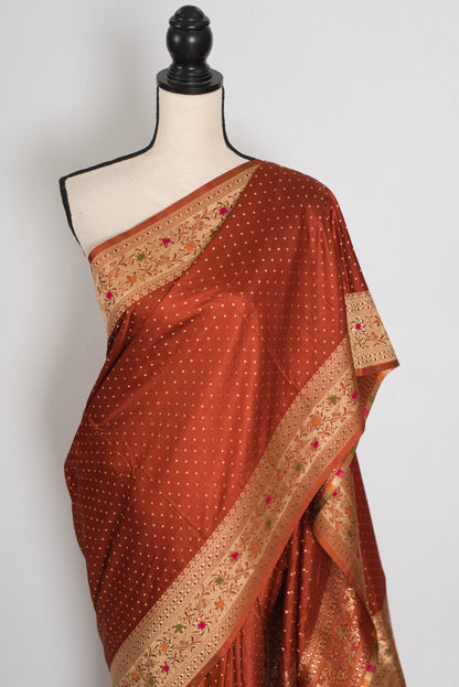Nina | Rust Orange Semi Mashru Banarasi Saree | Pre-Stitched Size 40 Blouse image 7