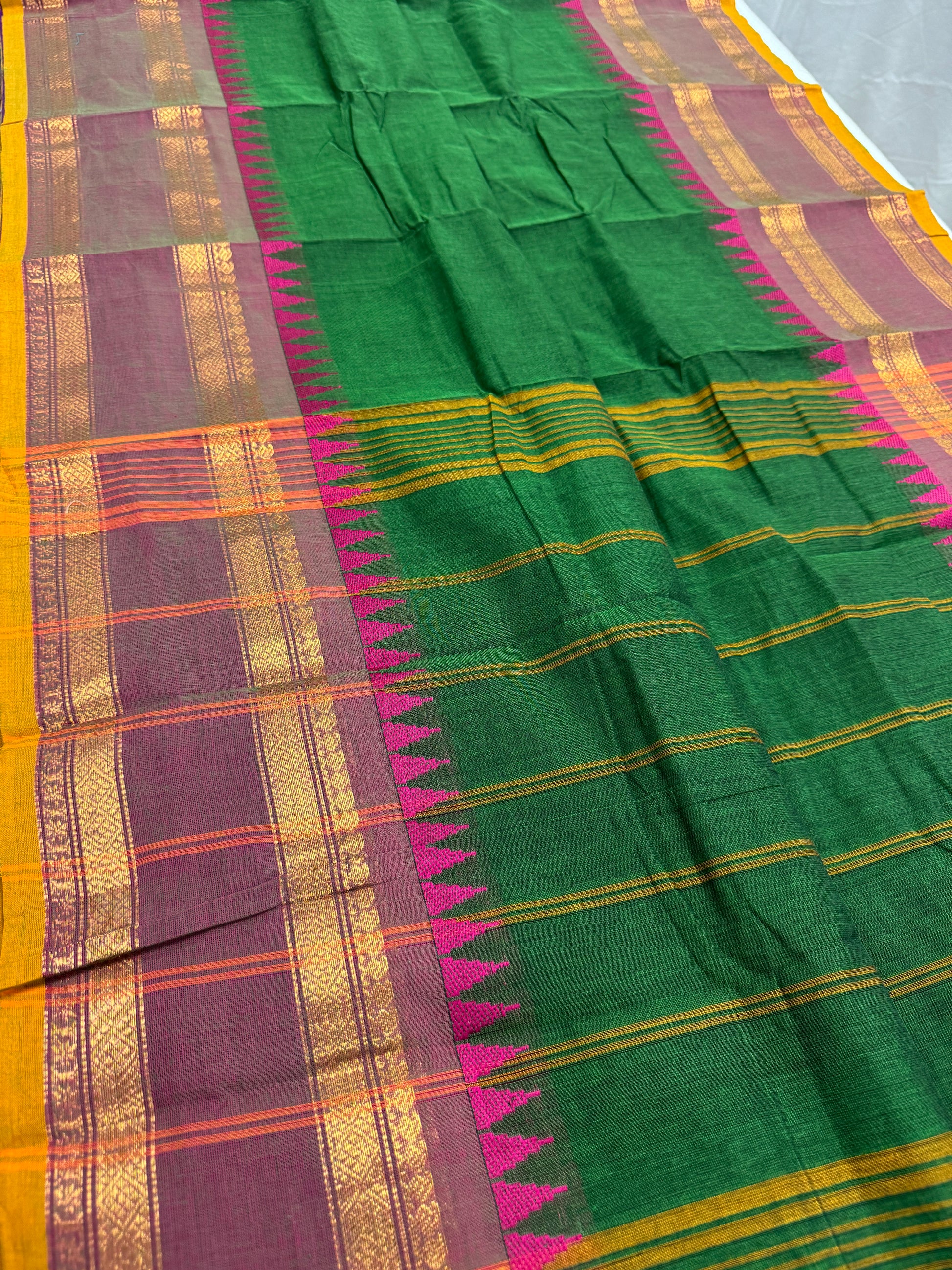 Janaki : Handwoven Kanchi Cotton Saree in Green and Matte Purple image 2