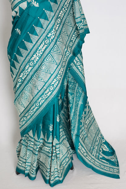 Keya : Green Pure Silk Kantha Saree with 40 Size Ready Stitched Blouse image 4