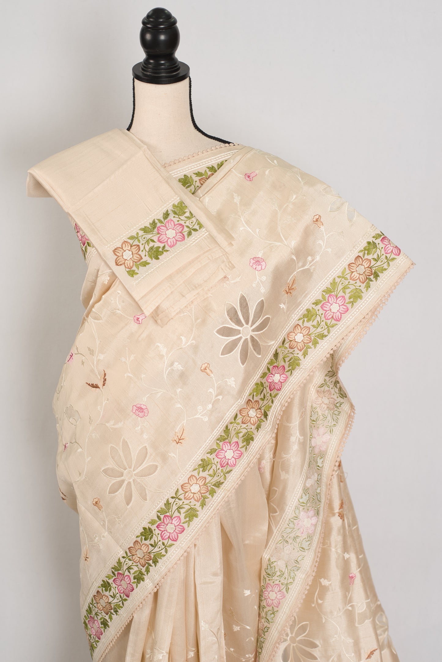 Shreya: Cream Semi Tussar Silk Saree with Multi-Color Cut Work Embroidery image 2