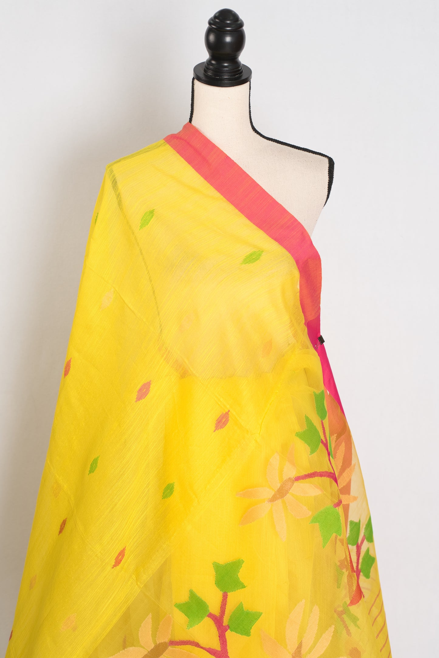 Shruti: Bright Yellow & Pink Bengal Linen-Cotton Saree | Handwoven Jamdani Pallu image 3