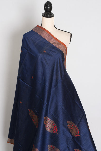 Uma : Midnight Blue Minakari Handwoven Pure Raw Silk Tussar Banarasi Saree image 4