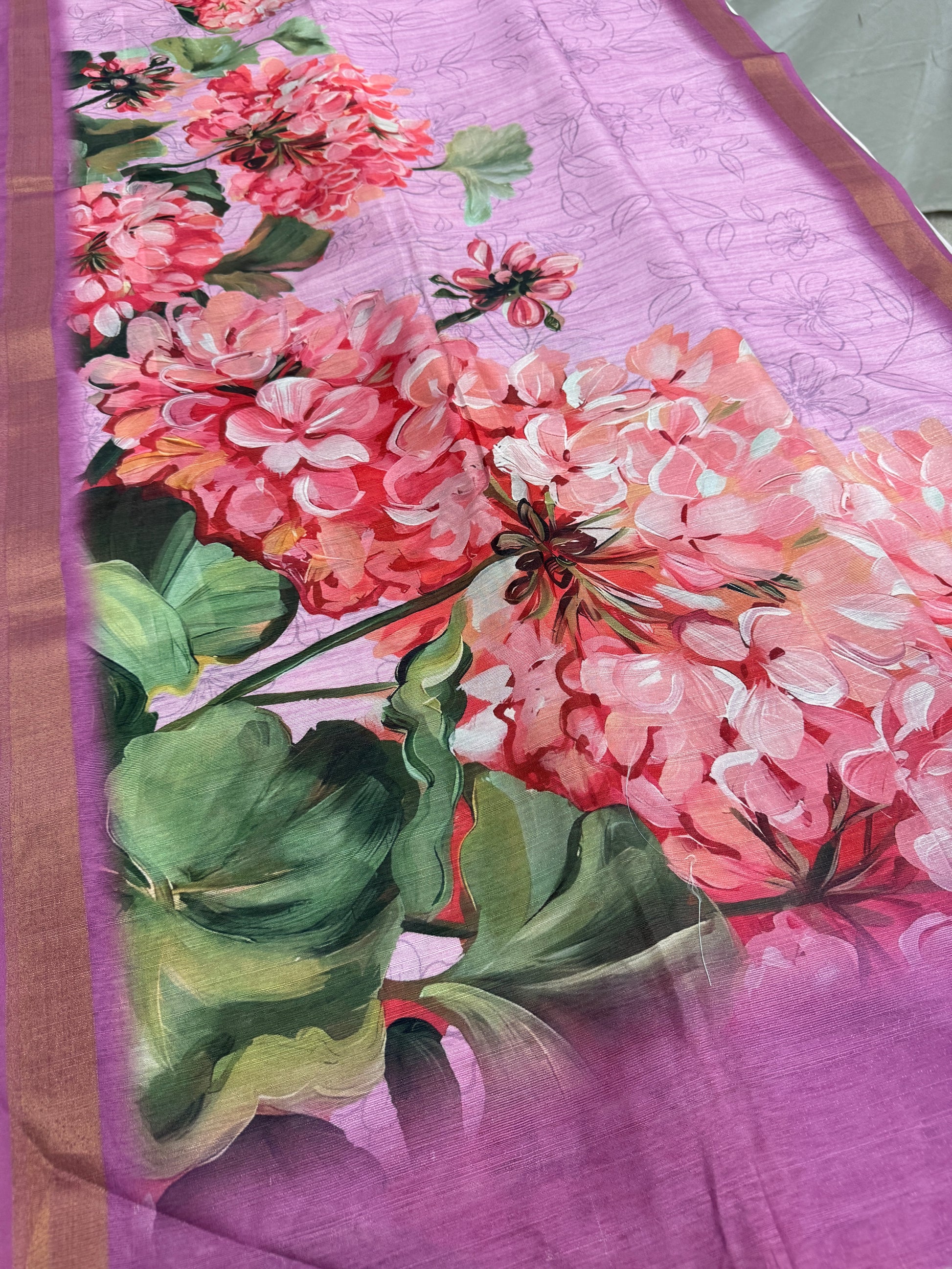 Lila | Lavender & Pink Floral Printed Semi Tussar Saree image 3