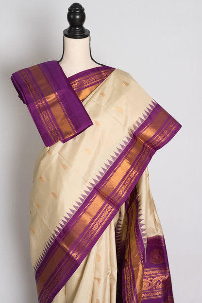 Sree : Clay White and Purple Handwoven Gadwal Silk Saree with Gold Zari image 2
