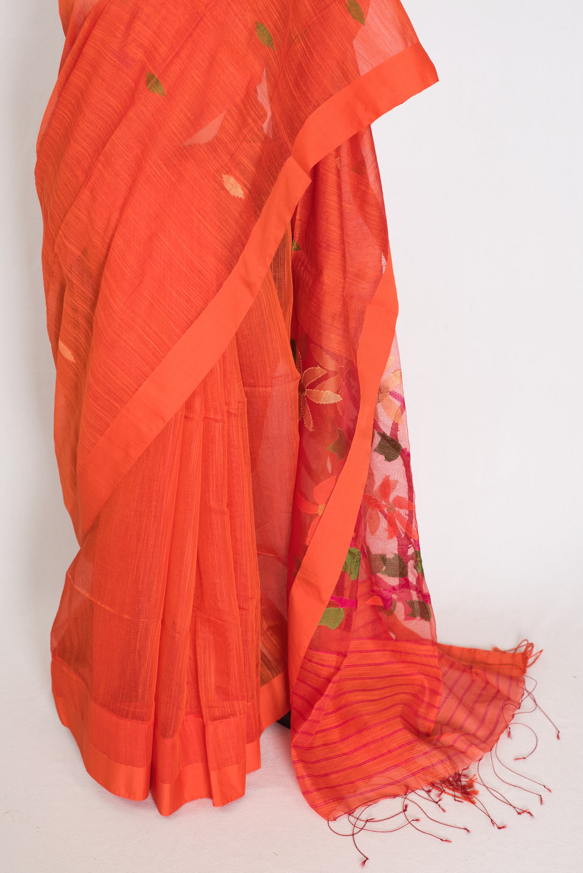 Gayetri: Orange Bengal Linen-Cotton Saree with Resham Jamdani Pallu image 6