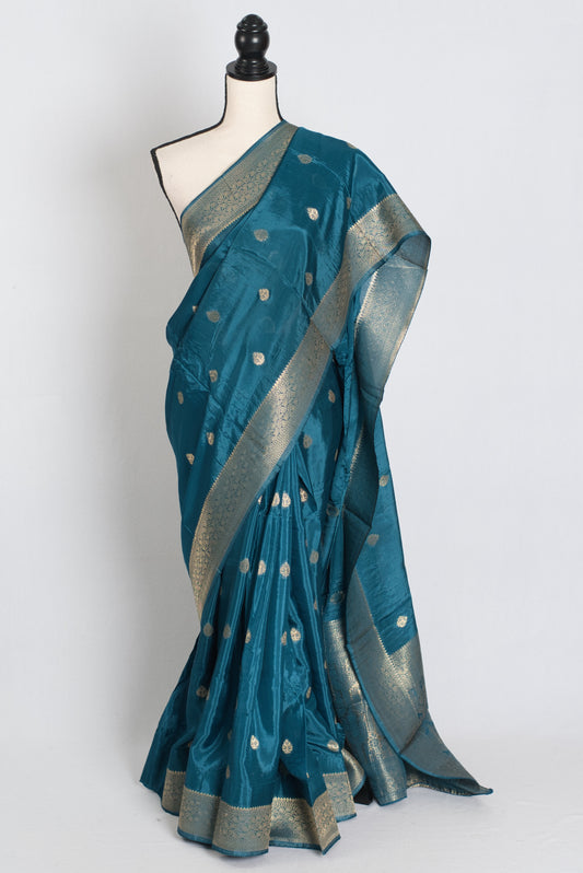 Nisha : Lightweight Semi Crepe Banarasi Saree in Blue and Gold image 0