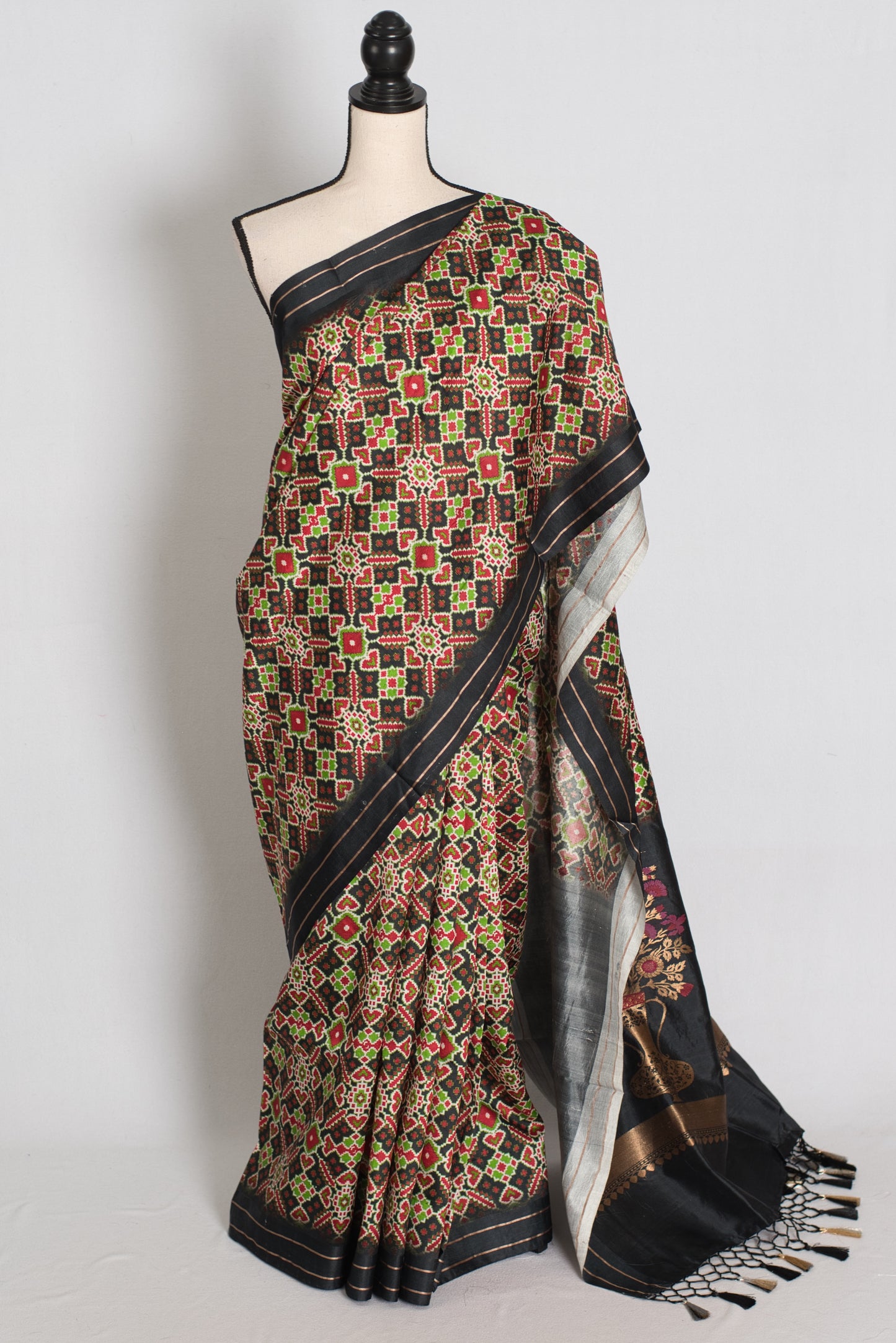 Kriti : Black and Gold Contemporary Ikkat Print Banarasi Katan Silk Saree image 0