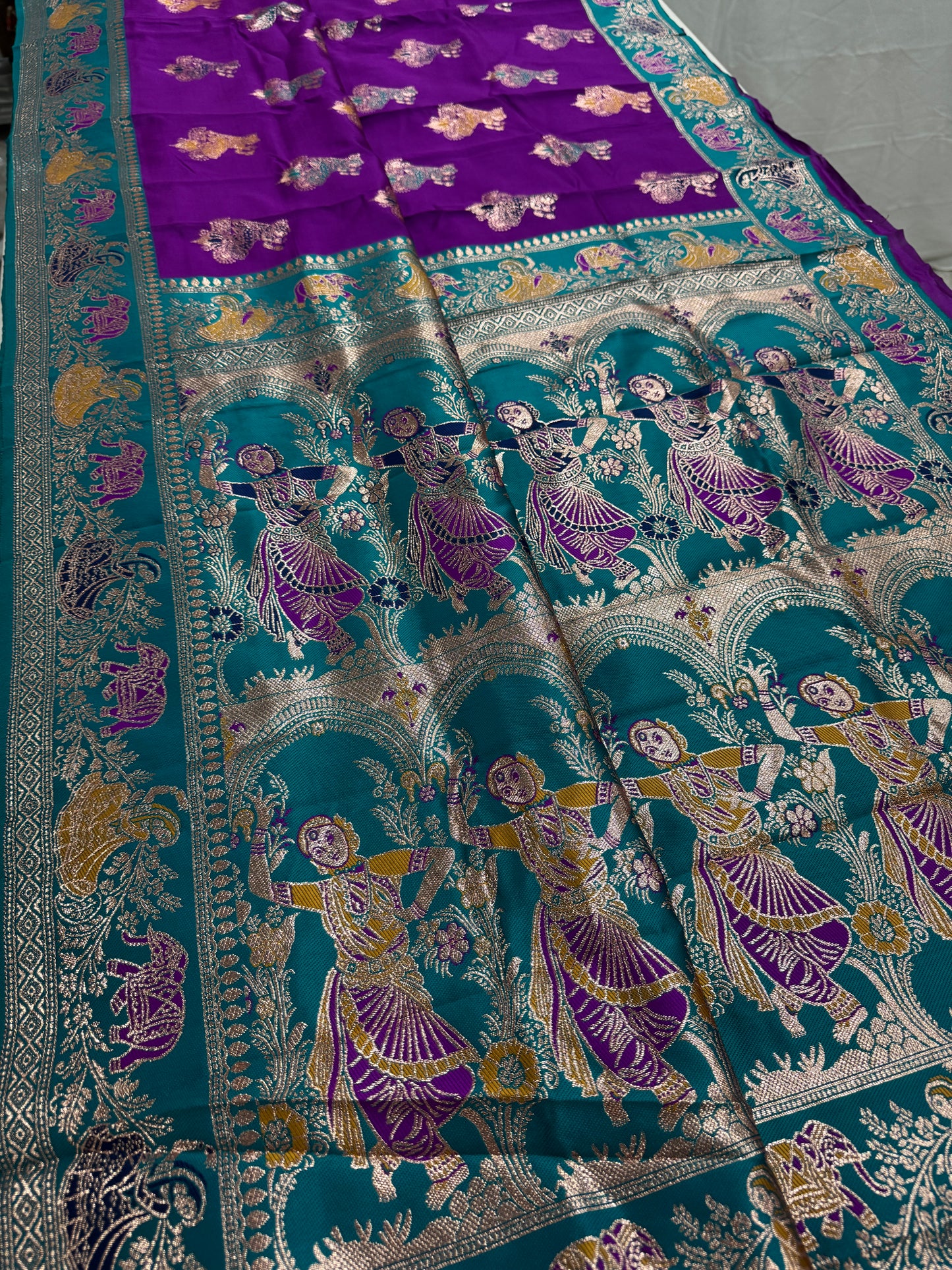 Mohini : Purple and Rama Green Baluchari Saree - Blended Silk from Bengal image 1