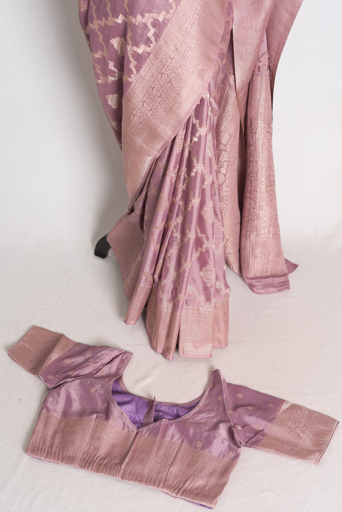 Tithi: Mauve and Gold Semi Georgette Banarasi Saree with 40 Size Blouse image 2
