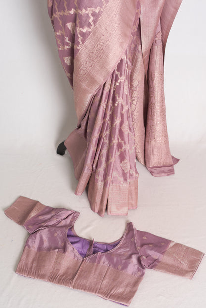 Tithi: Mauve and Gold Semi Georgette Banarasi Saree with 40 Size Blouse image 2