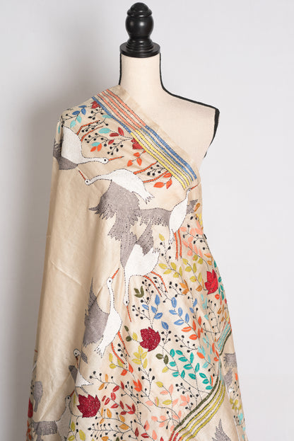Kala: Kantha Stitch Hand Embroidery Gachi Tussar Saree with Stitched Blouse image 4