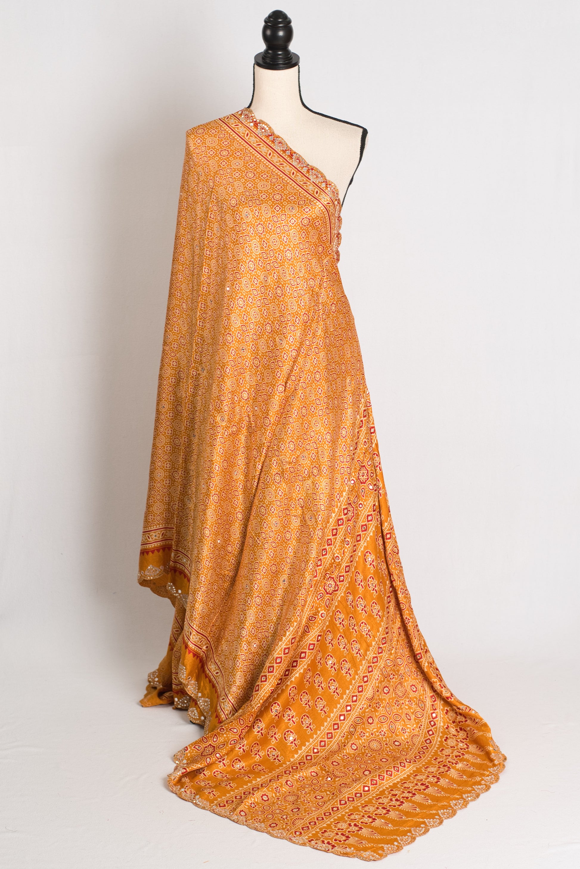 Heema : Yellow Pure Modal Silk Ajrakh Saree with Hand Embroidery Gota Patti Work image 1