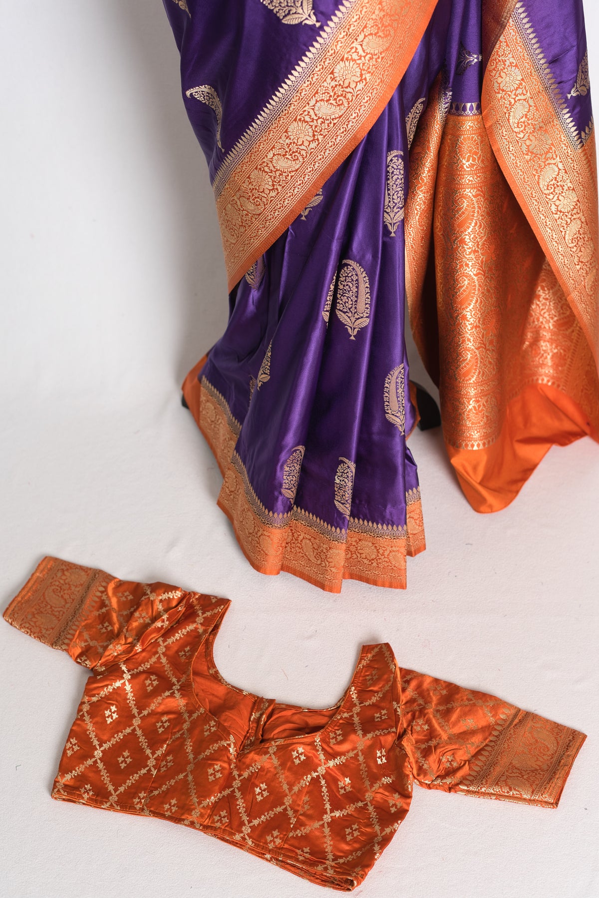 Bani: Purple and Orange Semi Mashru Banarasi Silk Saree with 36 Size Blouse image 2