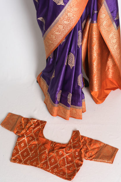 Bani: Purple and Orange Semi Mashru Banarasi Silk Saree with 36 Size Blouse image 2