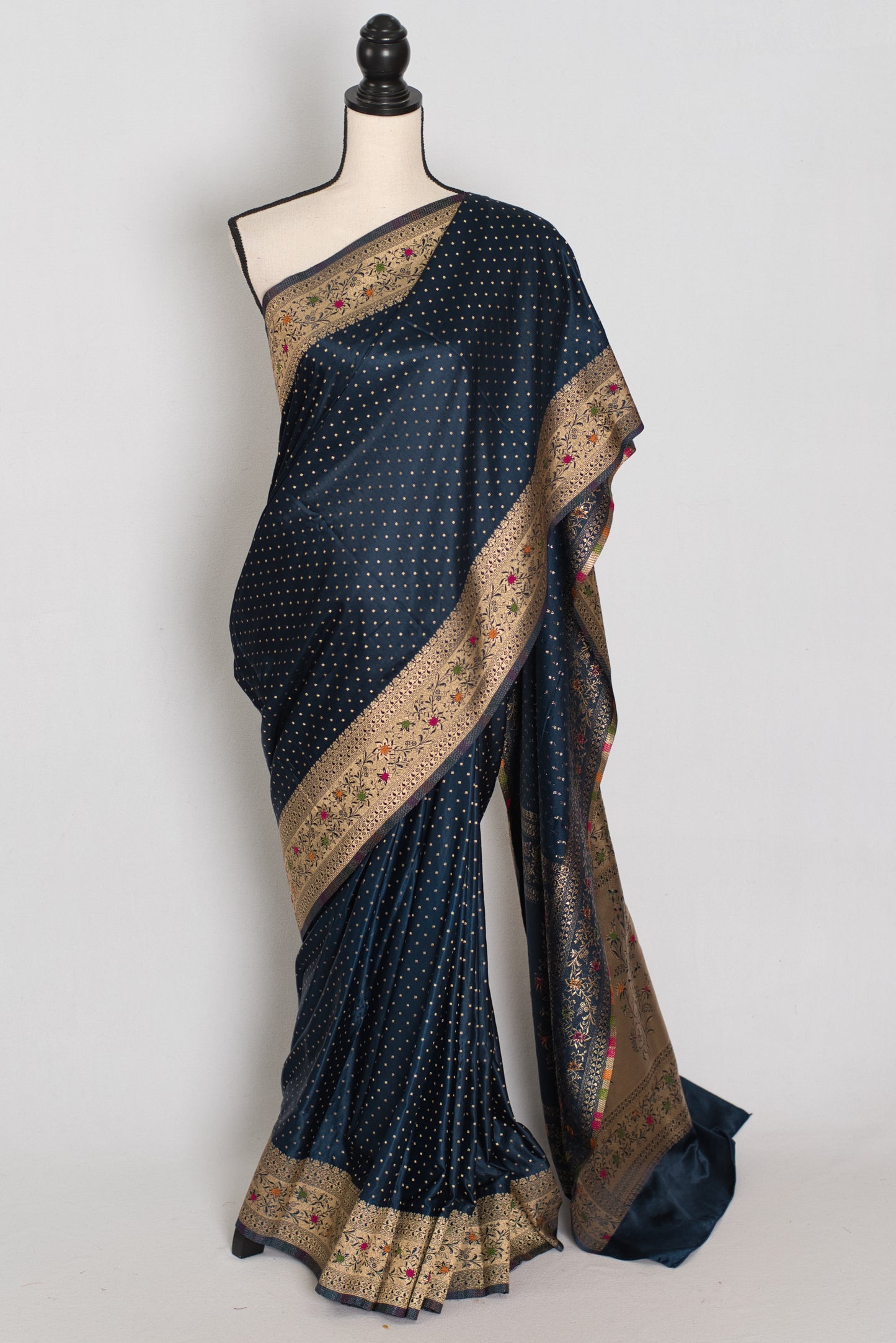 Ratri | Navy Blue Semi Mashru Banarasi Saree | Pre-Stitched Size 44 Blouse image 0