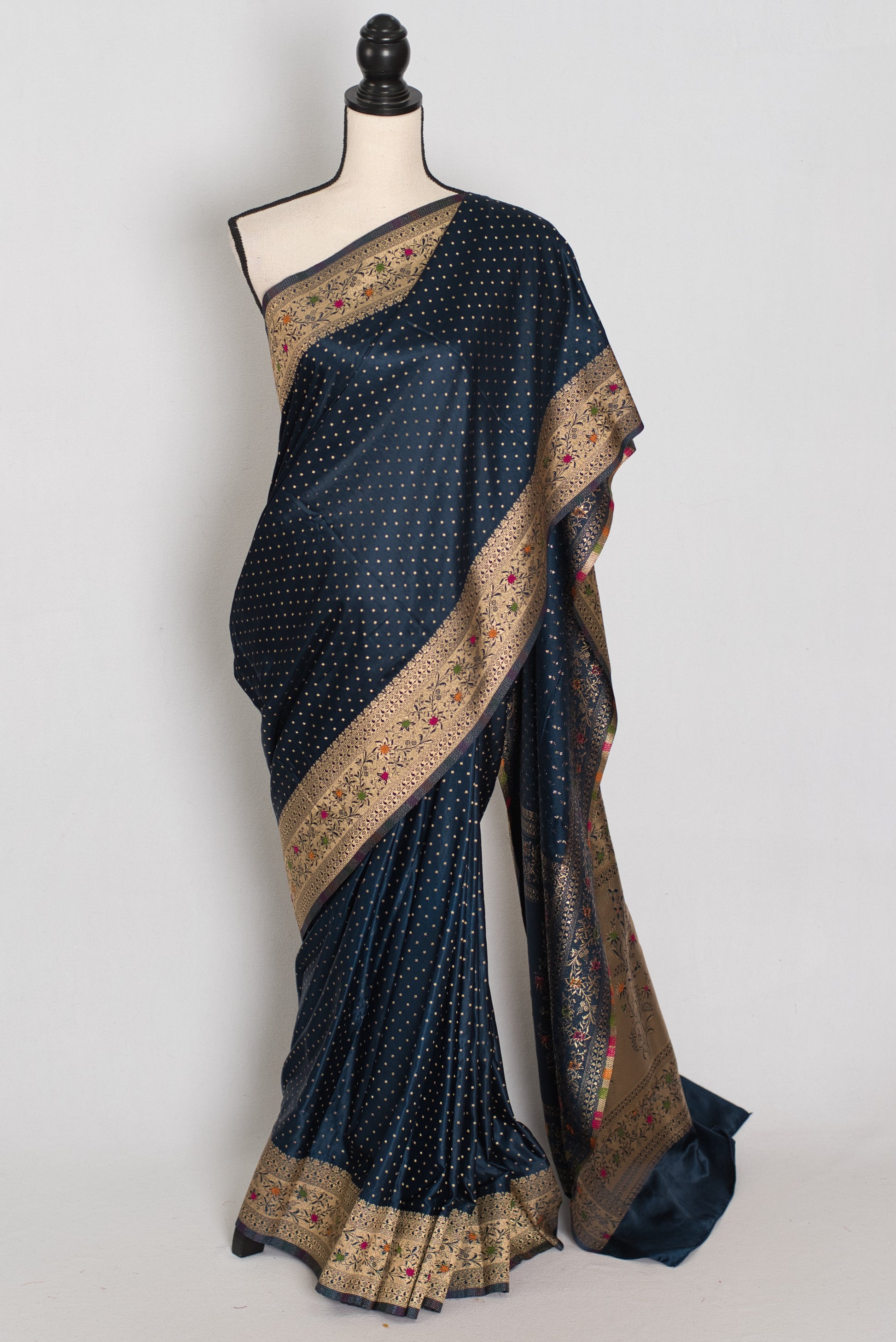 Ratri | Navy Blue Semi Mashru Banarasi Saree | Pre-Stitched Size 44 Blouse image 0