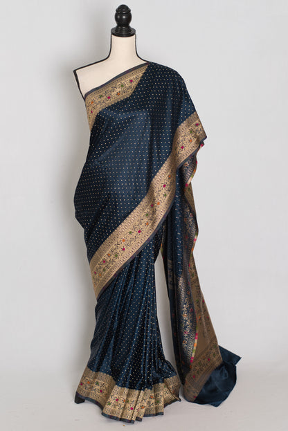 Ratri | Navy Blue Semi Mashru Banarasi Saree | Pre-Stitched Size 44 Blouse image 0