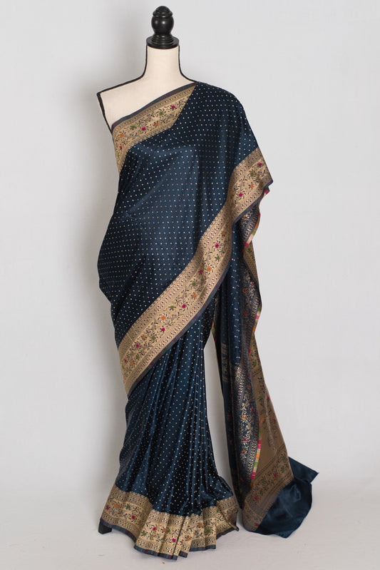 Ratri | Navy Blue Semi Mashru Banarasi Saree | Pre-Stitched Size 44 Blouse image 0