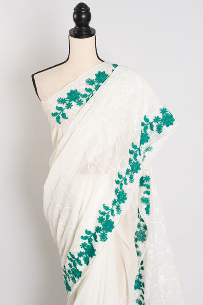 Afrin : Georgette Embroidery Designer Saree in Off White and Green image 5