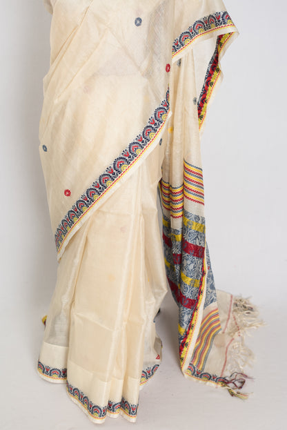 Moni: Cream & Black Bengal Tussar Silk Saree | Small Border Design image 5