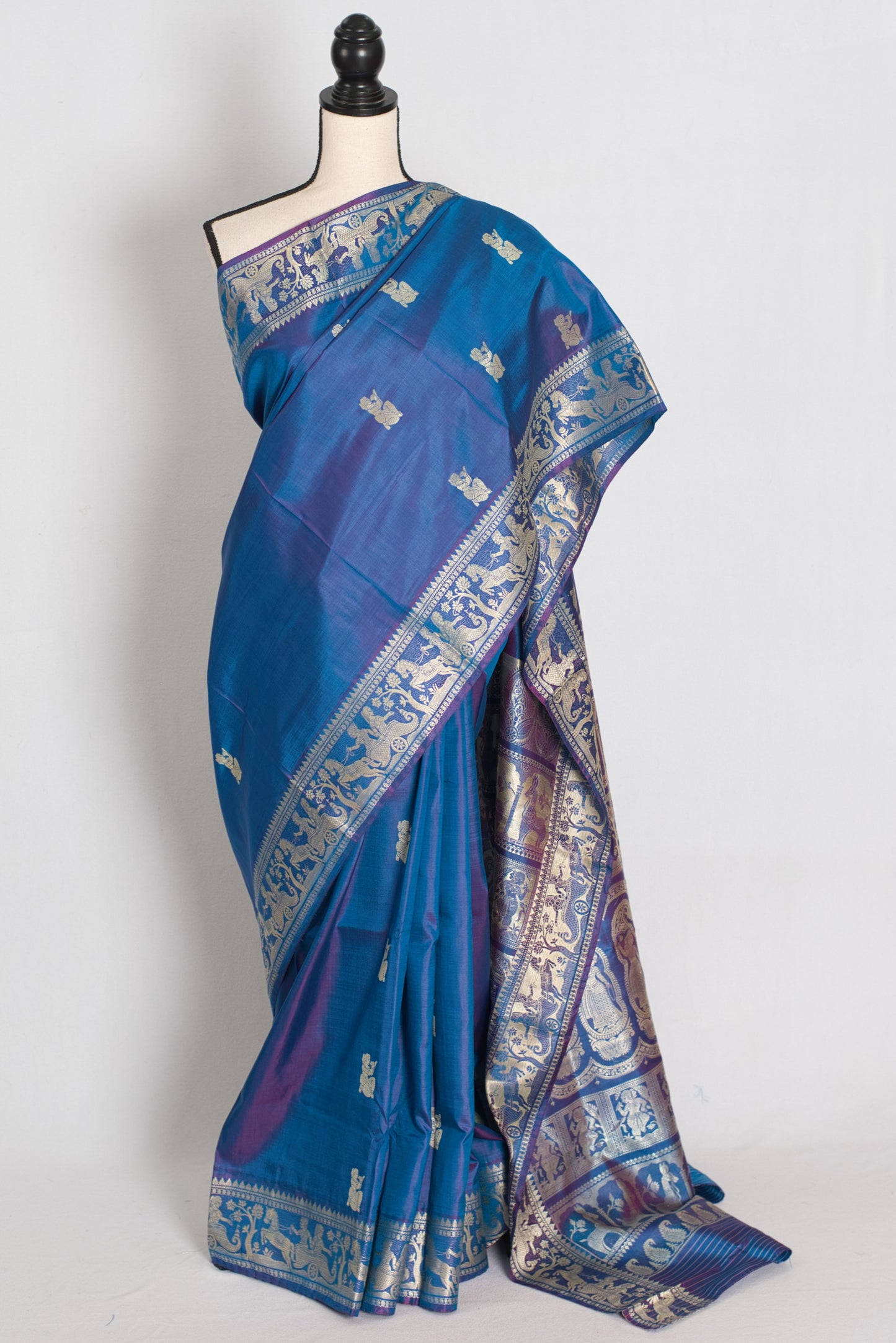 Arpita | Peacock Blue and Cream Handwoven Baluchari Silk Saree image 0